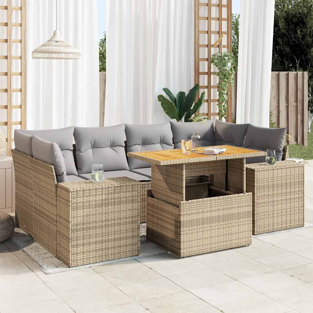 vidaXL 7-tlg. Garten-Sofagarnitur mit Kissen Beige Poly Rattan