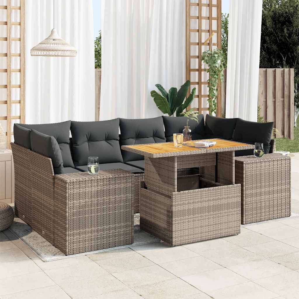 vidaXL 7-tlg. Garten-Sofagarnitur mit Kissen Grau Poly Rattan