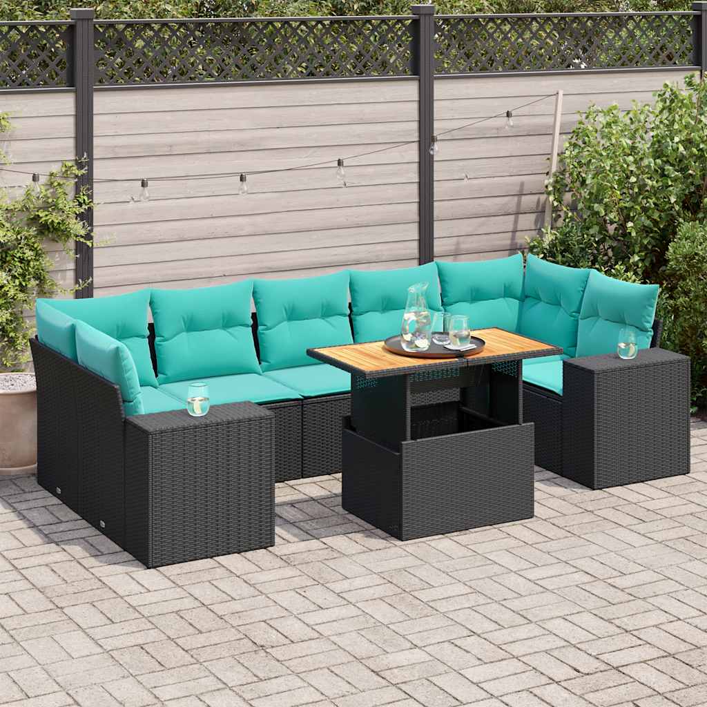 vidaXL 8-tlg. Garten-Sofagarnitur mit Kissen Schwarz Poly Rattan