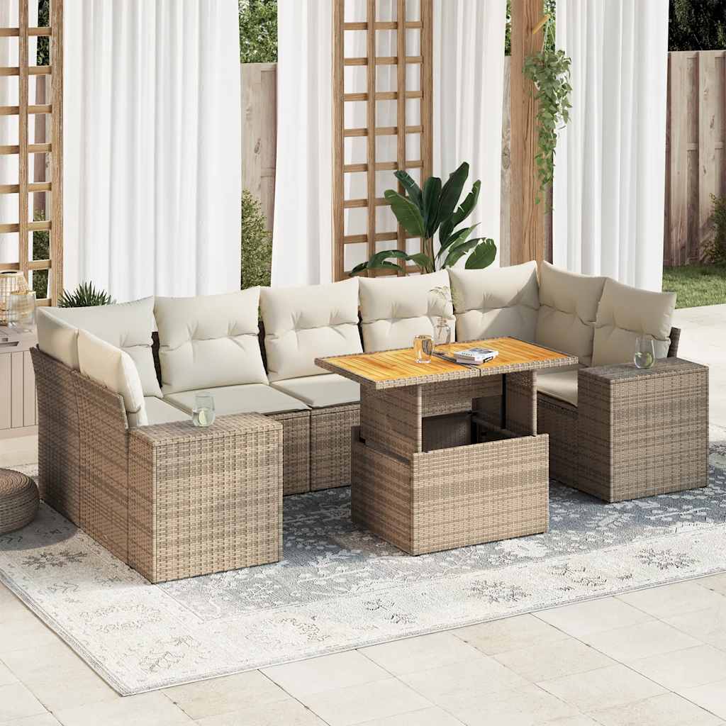 vidaXL 8-tlg. Garten-Sofagarnitur mit Kissen Beige Poly Rattan