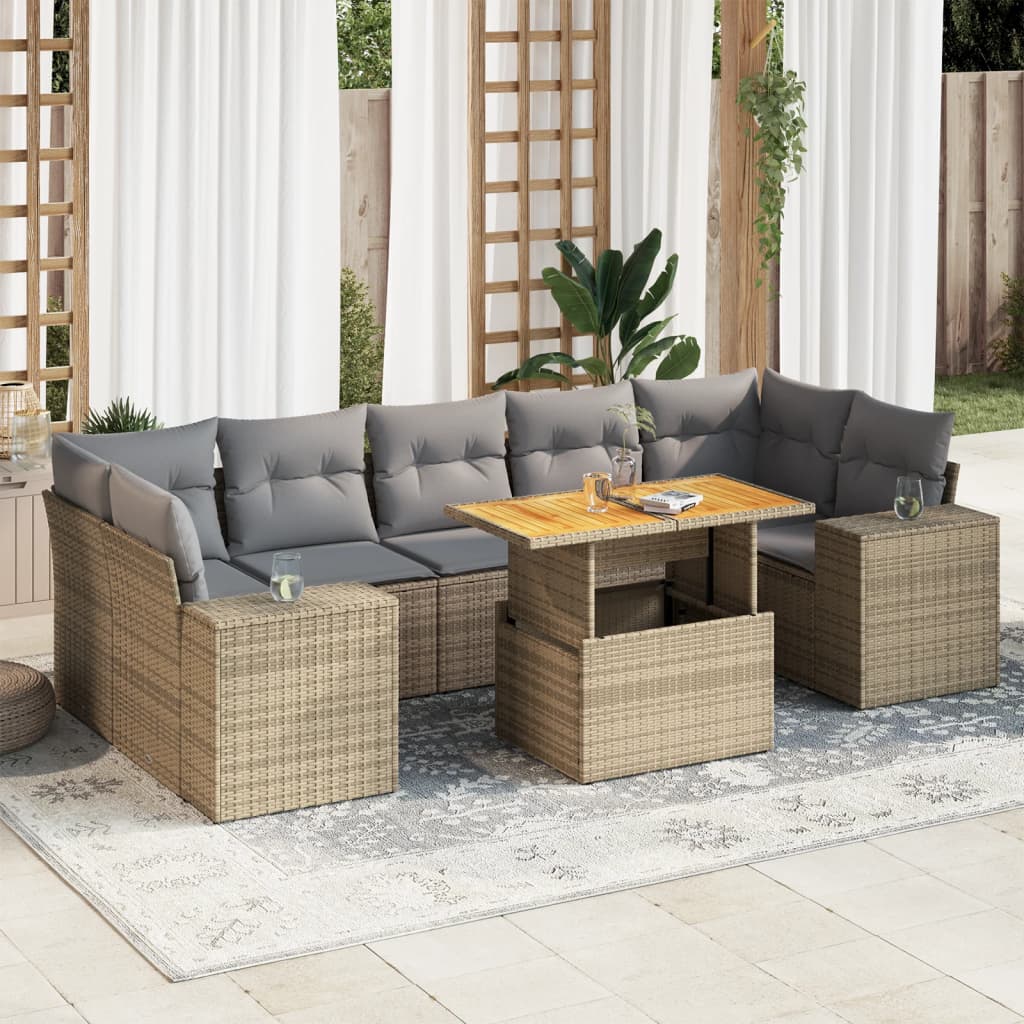 vidaXL 8-tlg. Garten-Sofagarnitur mit Kissen Beige Poly Rattan