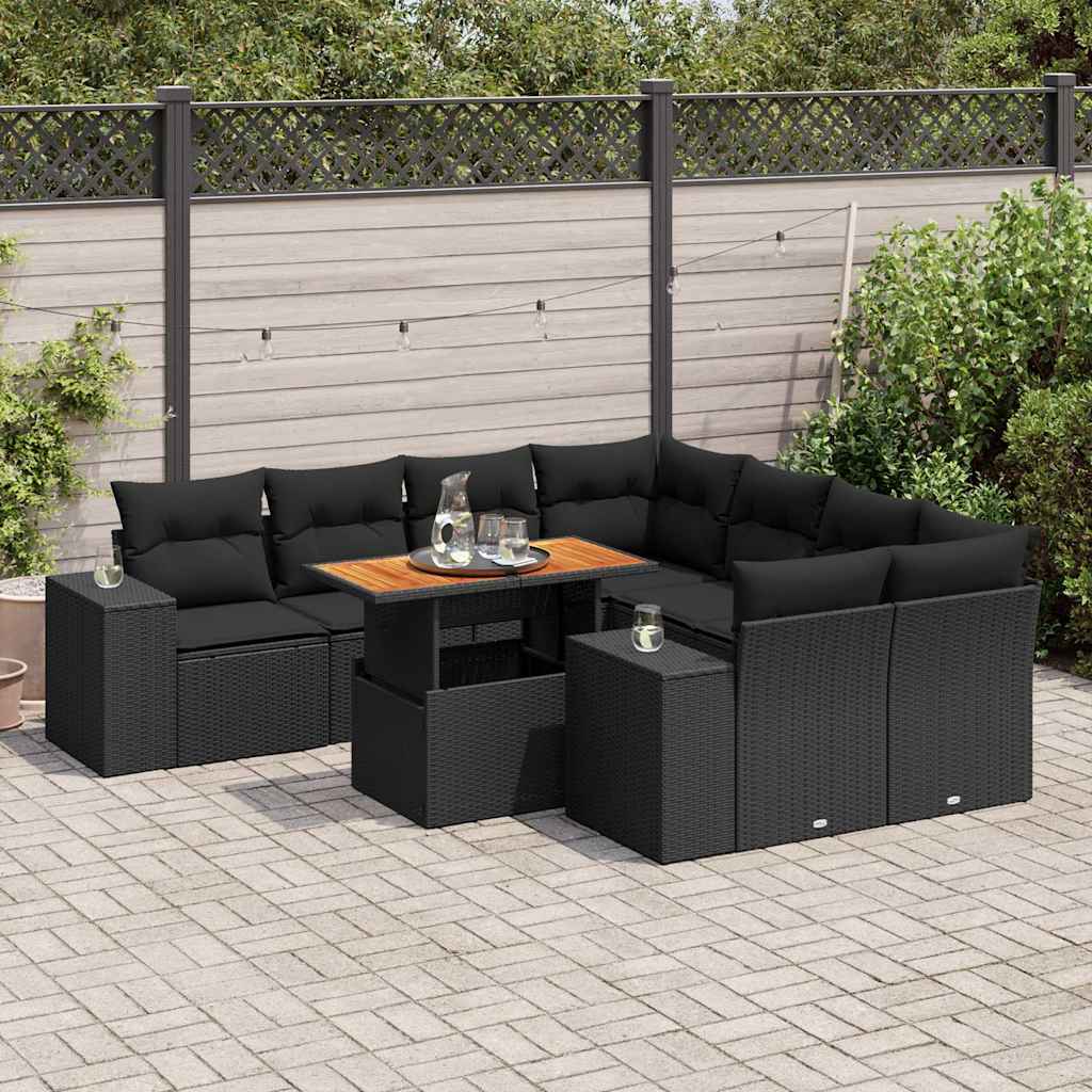 vidaXL Set mobilier de grădină cu perne, 9 piese, negru, poliratan