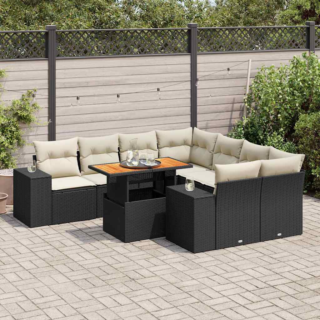 vidaXL 9-tlg. Garten-Sofagarnitur mit Kissen Schwarz Poly Rattan