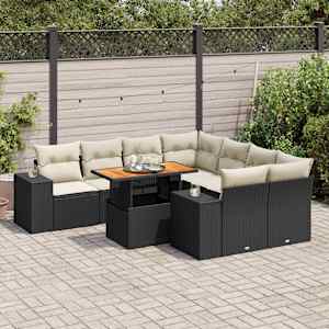 Vrtna sedežna garnitura 9-delna z blazinami črn poli ratan