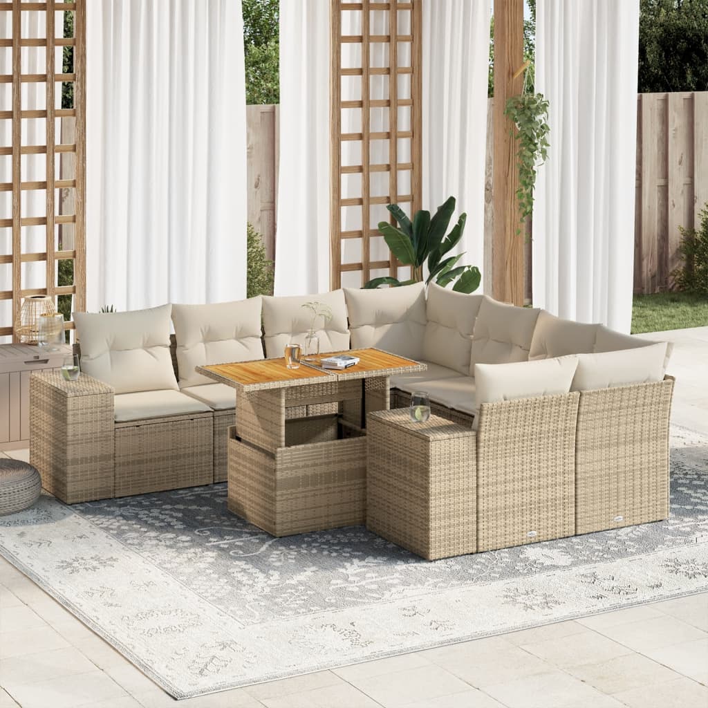 9-tlg. Garten-Sofagarnitur mit Kissen Beige Poly Rattan