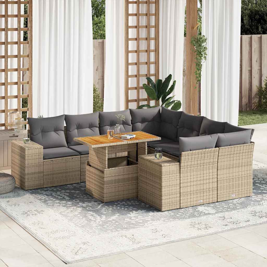 vidaXL 9-tlg. Garten-Sofagarnitur mit Kissen Beige Poly Rattan