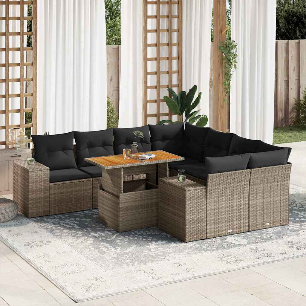 vidaXL 9-tlg. Garten-Sofagarnitur mit Kissen Grau Poly Rattan