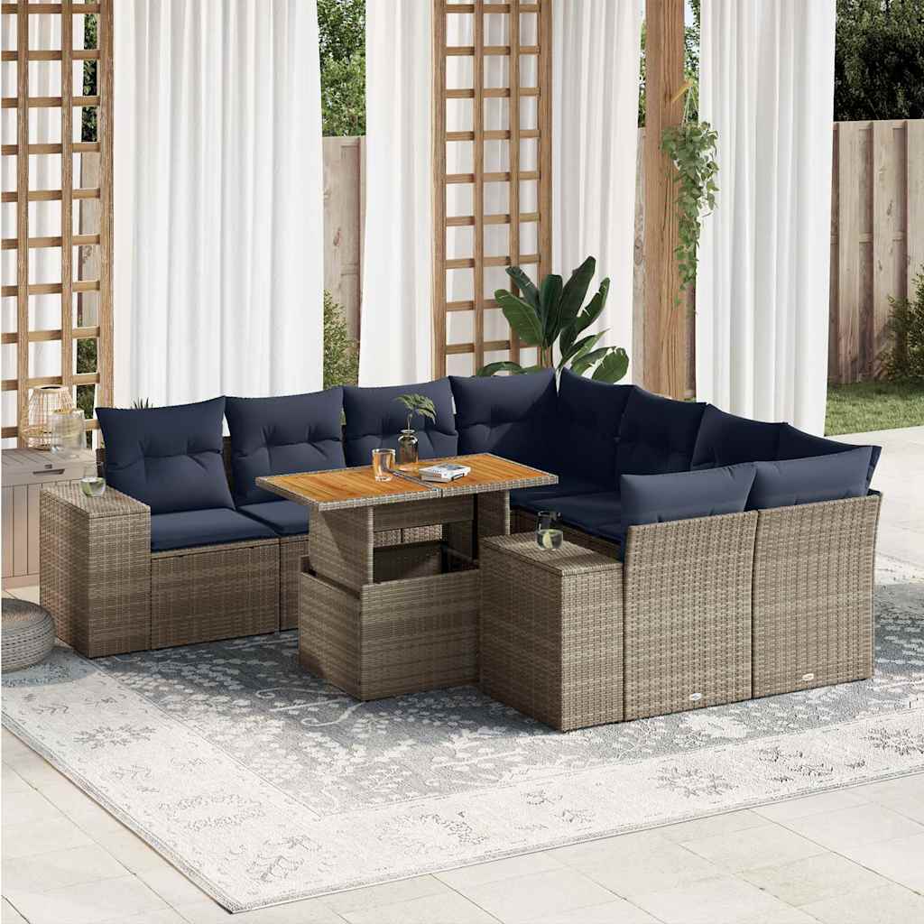 vidaXL Set canapele de grădină, 9 piese, cu perne, gri, poliratan