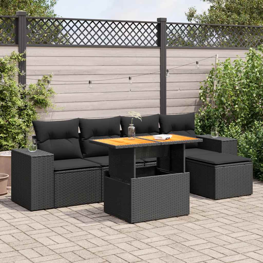 vidaXL 6-tlg. Garten-Sofagarnitur mit Kissen Schwarz Poly Rattan