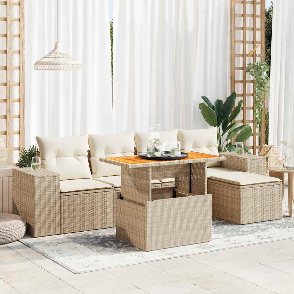 vidaXL 6-tlg. Garten-Sofagarnitur mit Kissen Beige Poly Rattan