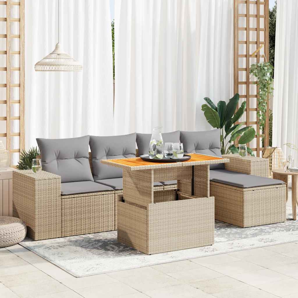 vidaXL 6-tlg. Garten-Sofagarnitur mit Kissen Beige Poly Rattan