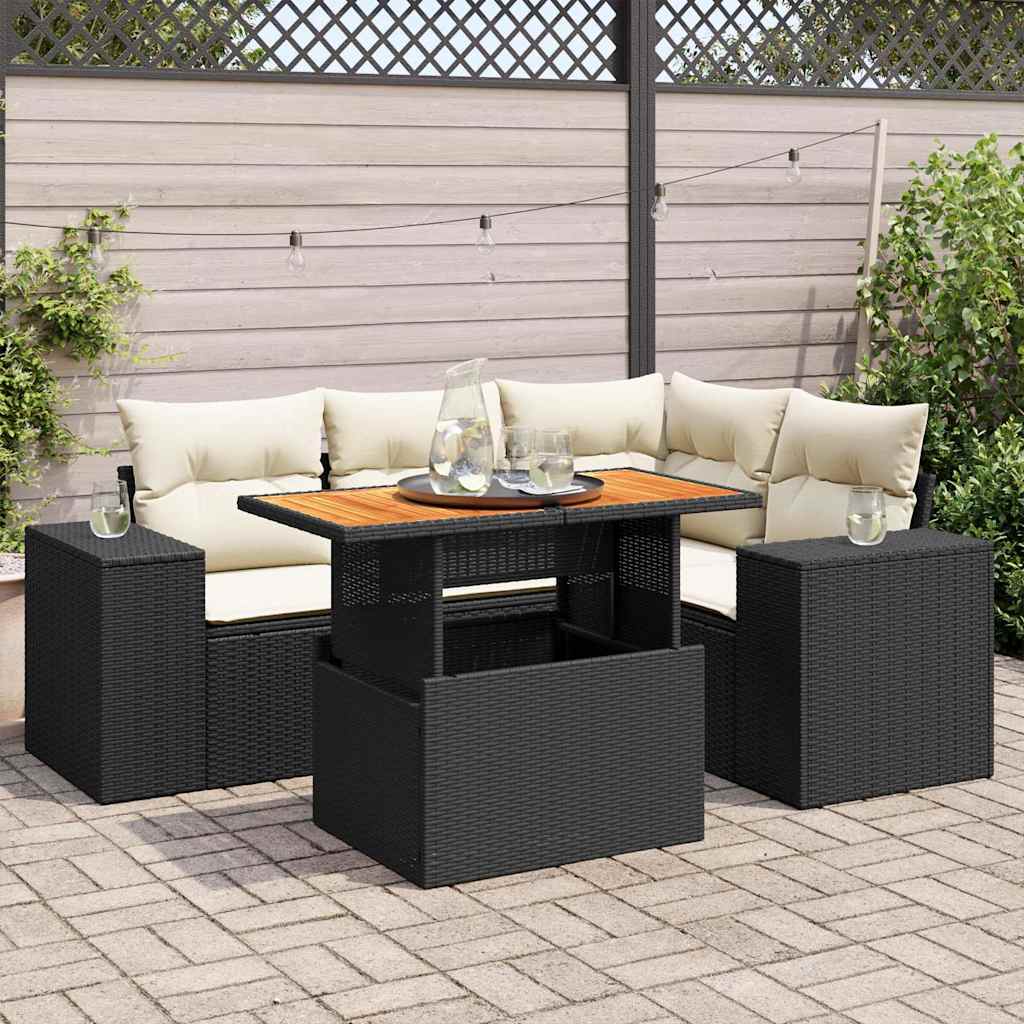 vidaXL Set mobilier de grădină cu perne, 5 piese, negru, poliratan