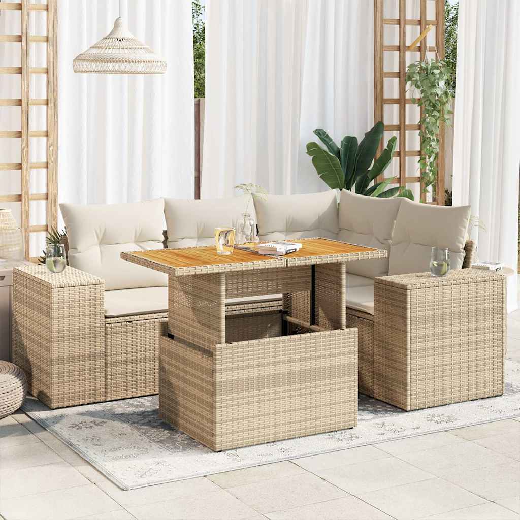 vidaXL 5-tlg. Garten-Sofagarnitur mit Kissen Beige Poly Rattan