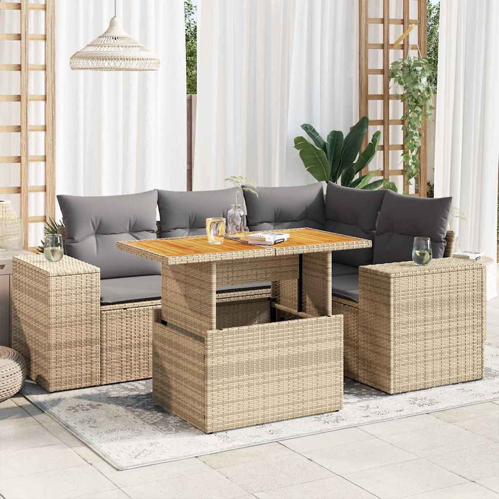 vidaXL 5-tlg. Garten-Sofagarnitur mit Kissen Beige Poly Rattan