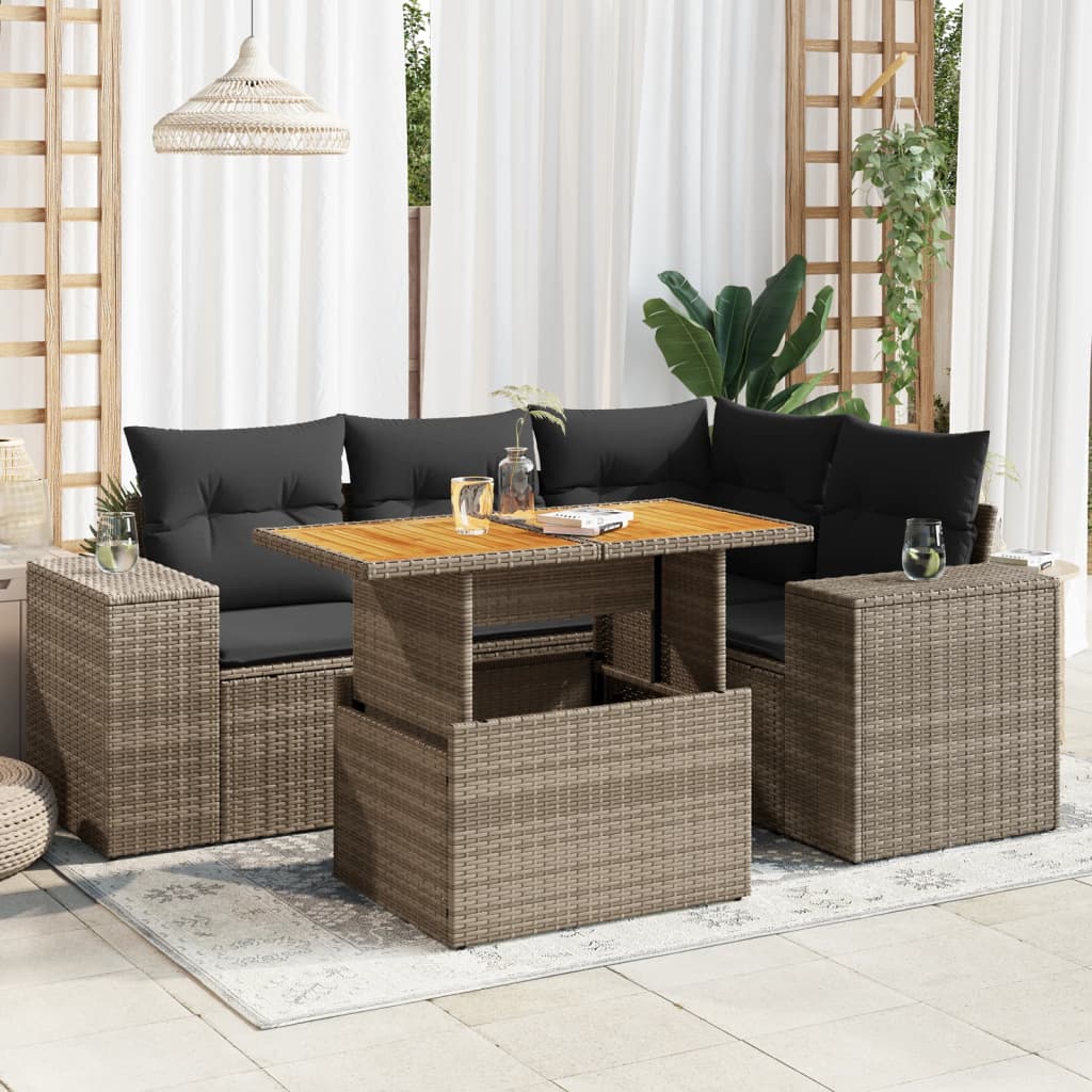 5-tlg. Garten-Sofagarnitur mit Kissen Grau Poly Rattan