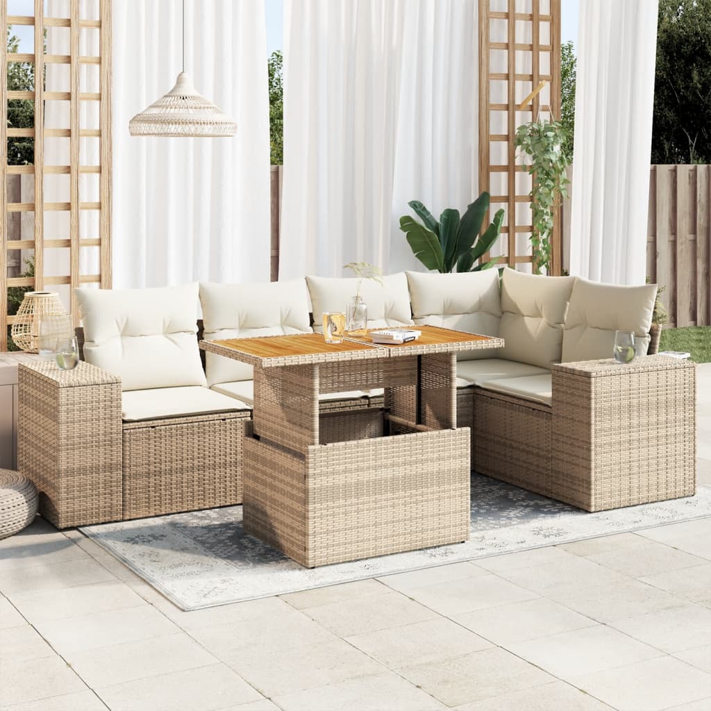 6-tlg. Garten-Sofagarnitur mit Kissen Beige Poly Rattan