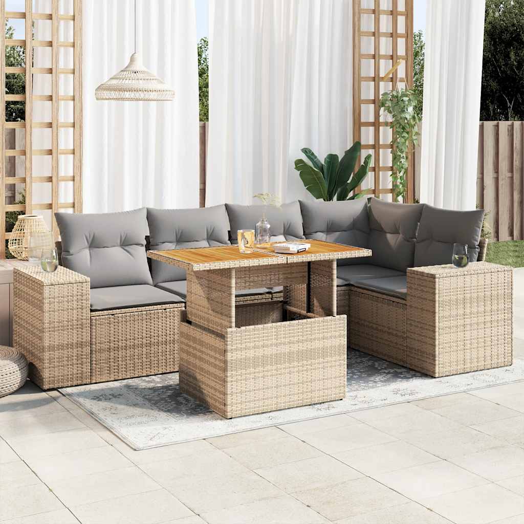 vidaXL 6-tlg. Garten-Sofagarnitur mit Kissen Beige Poly Rattan