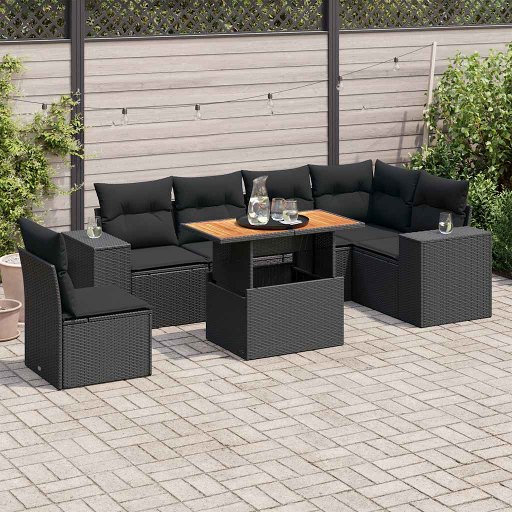 vidaXL 7-tlg. Garten-Sofagarnitur mit Kissen Schwarz Poly Rattan