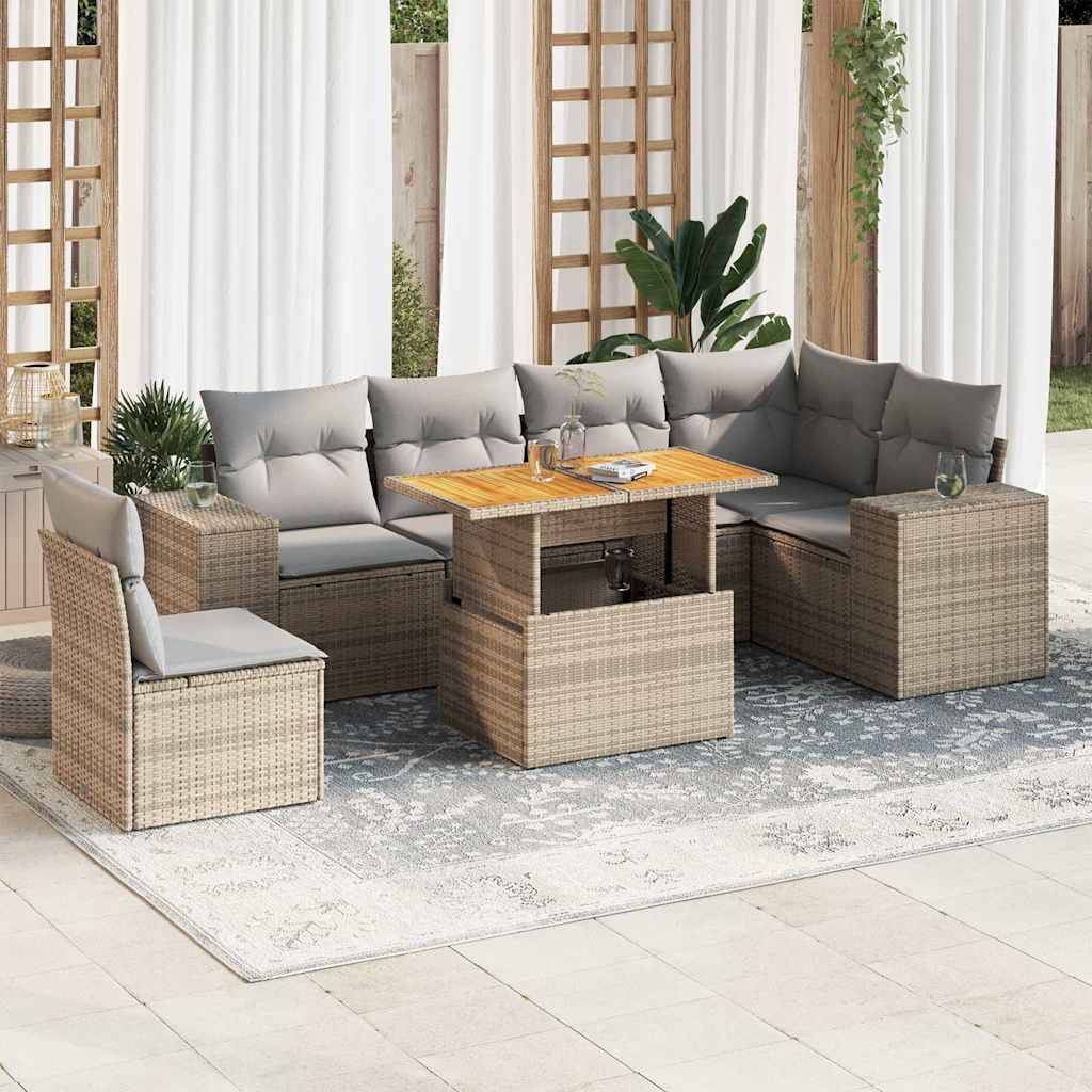 vidaXL 7-tlg. Garten-Sofagarnitur mit Kissen Beige Poly Rattan