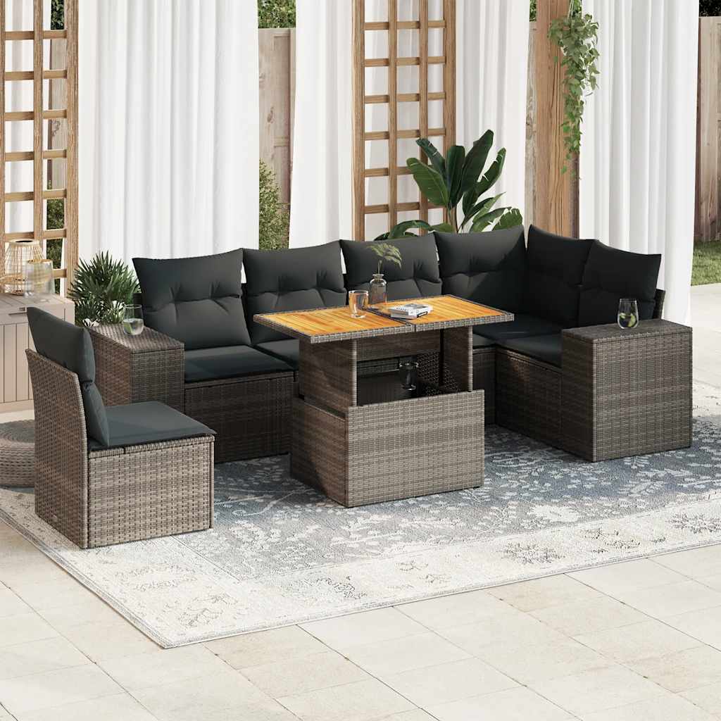 vidaXL 7-tlg. Garten-Sofagarnitur mit Kissen Grau Poly Rattan