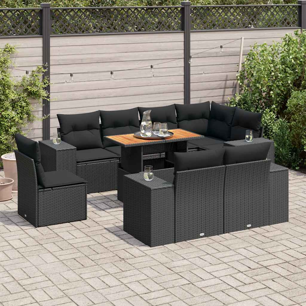 vidaXL 9-tlg. Garten-Sofagarnitur mit Kissen Schwarz Poly Rattan