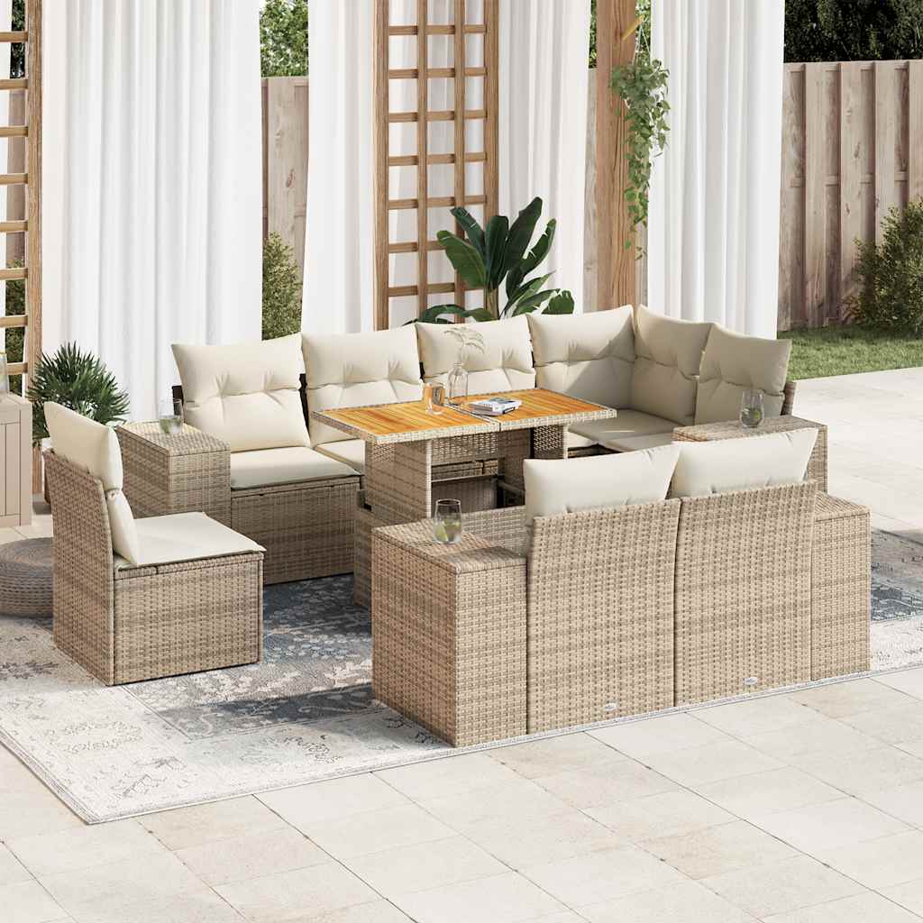 9-tlg. Garten-Sofagarnitur mit Kissen Beige Poly Rattan