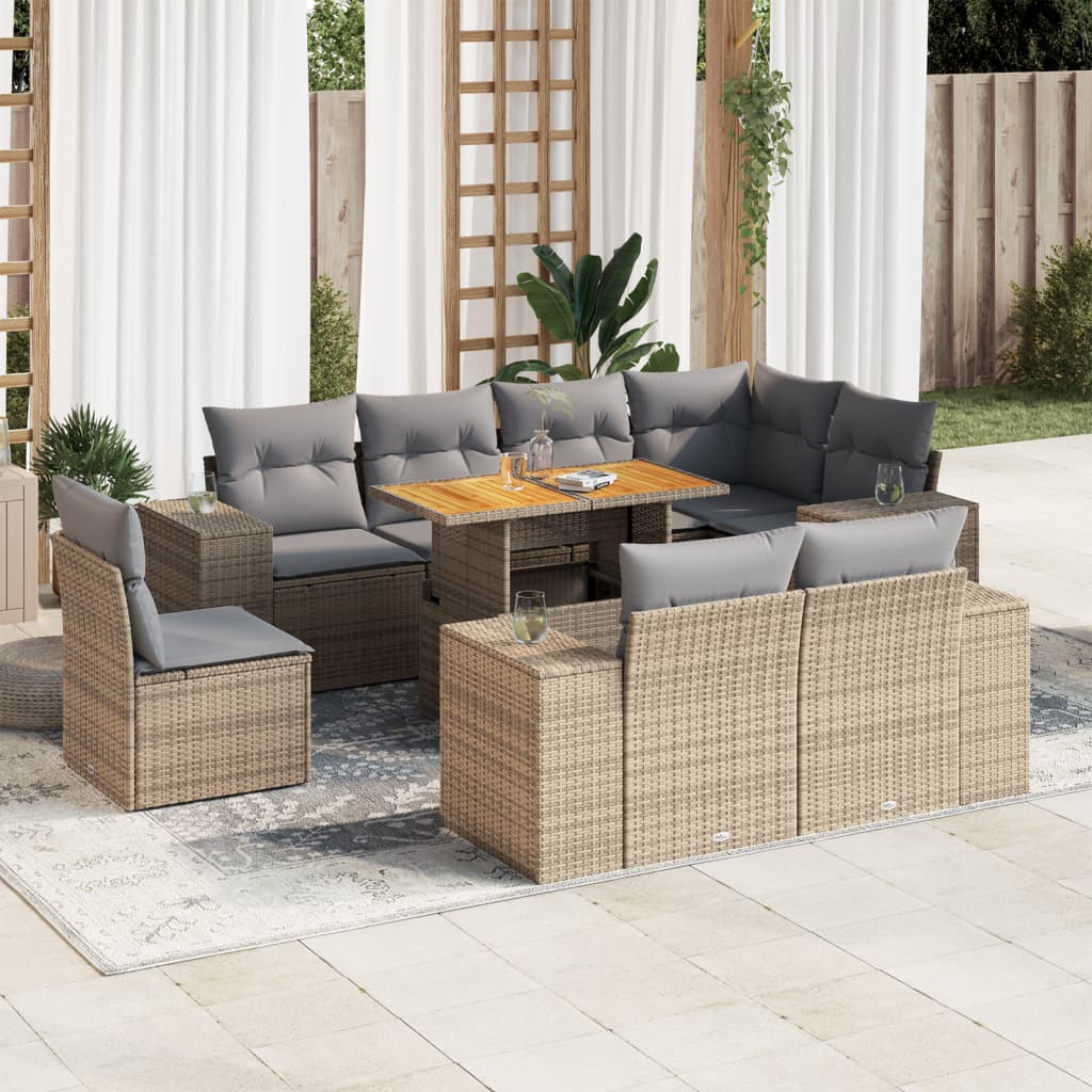 9-tlg. Garten-Sofagarnitur mit Kissen Beige Poly Rattan