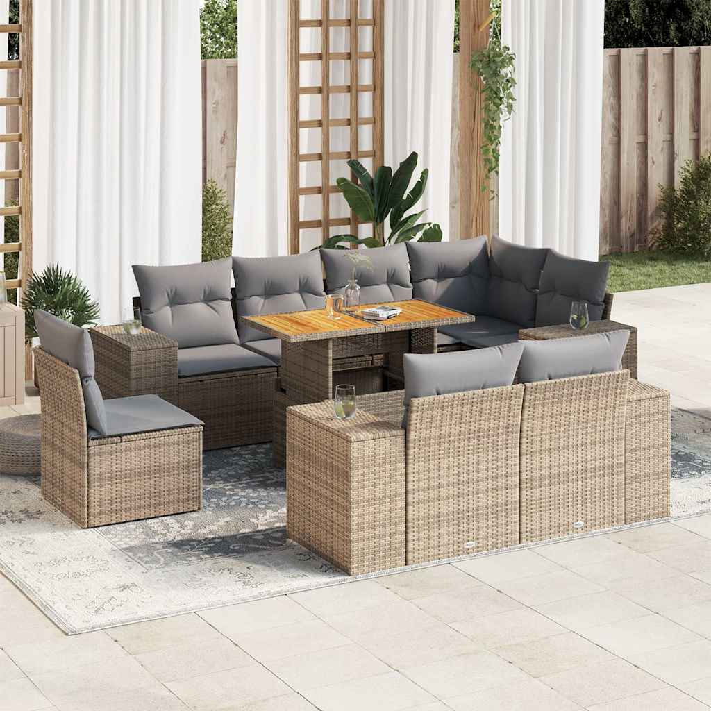 vidaXL 9-tlg. Garten-Sofagarnitur mit Kissen Beige Poly Rattan