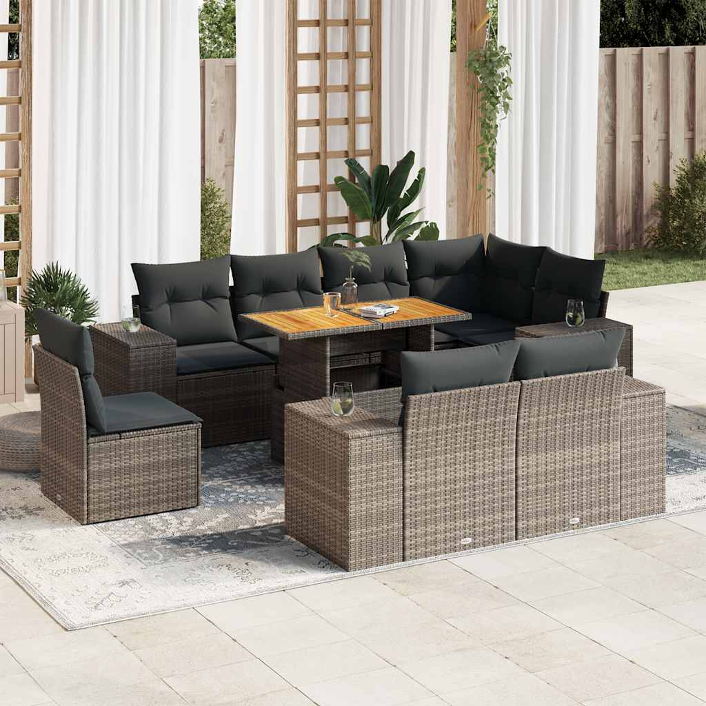 vidaXL Set canapele de grădină, 9 piese, cu perne, gri, poliratan