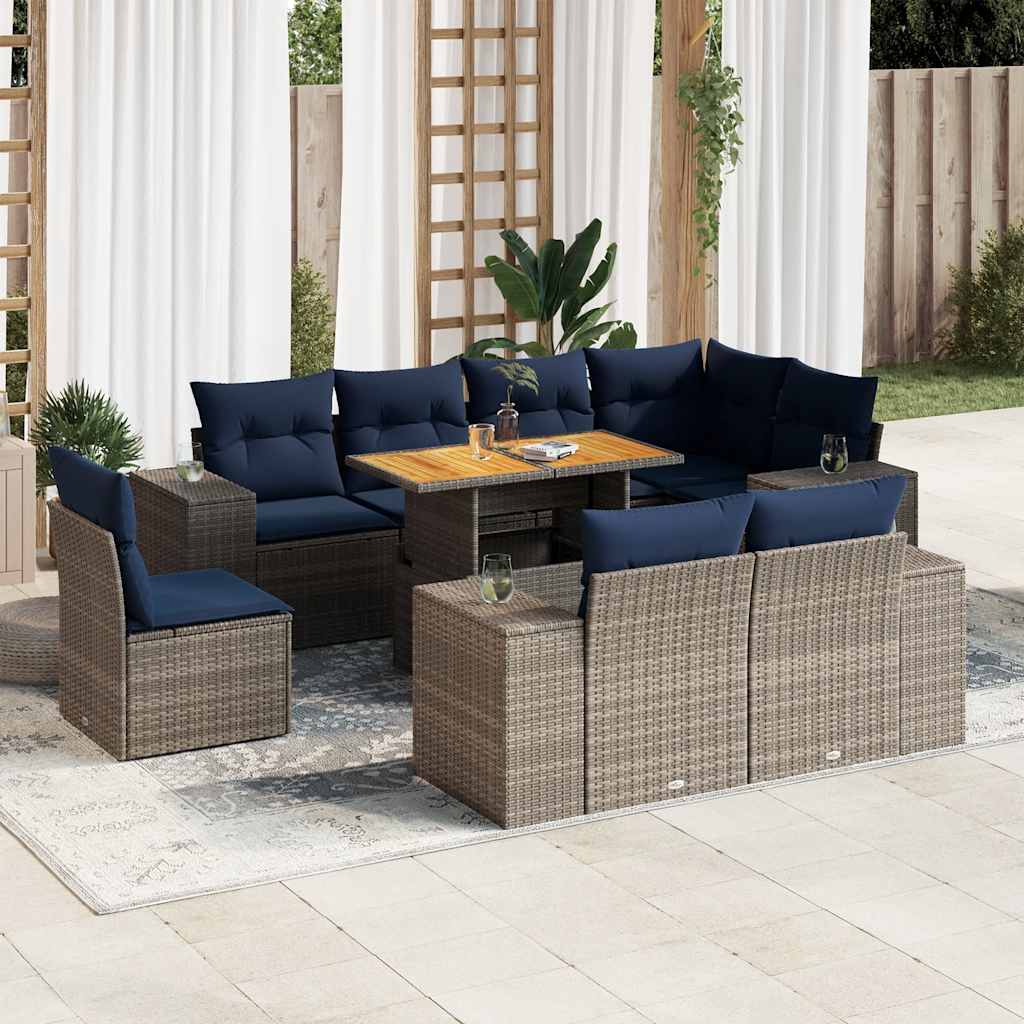 vidaXL Set canapele de grădină, 9 piese, cu perne, gri, poliratan