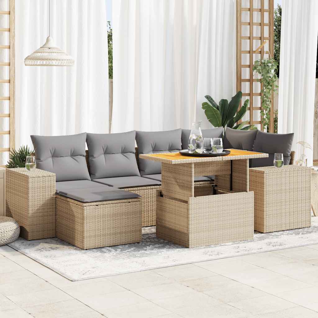 vidaXL 7-tlg. Garten-Sofagarnitur mit Kissen Beige Poly Rattan