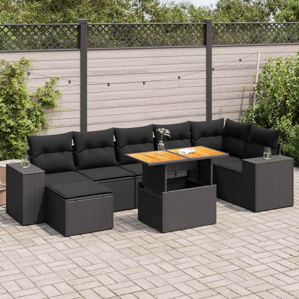 vidaXL 8-tlg. Garten-Sofagarnitur mit Kissen Schwarz Poly Rattan