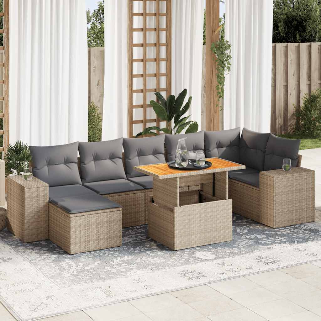 vidaXL 8-tlg. Garten-Sofagarnitur mit Kissen Beige Poly Rattan