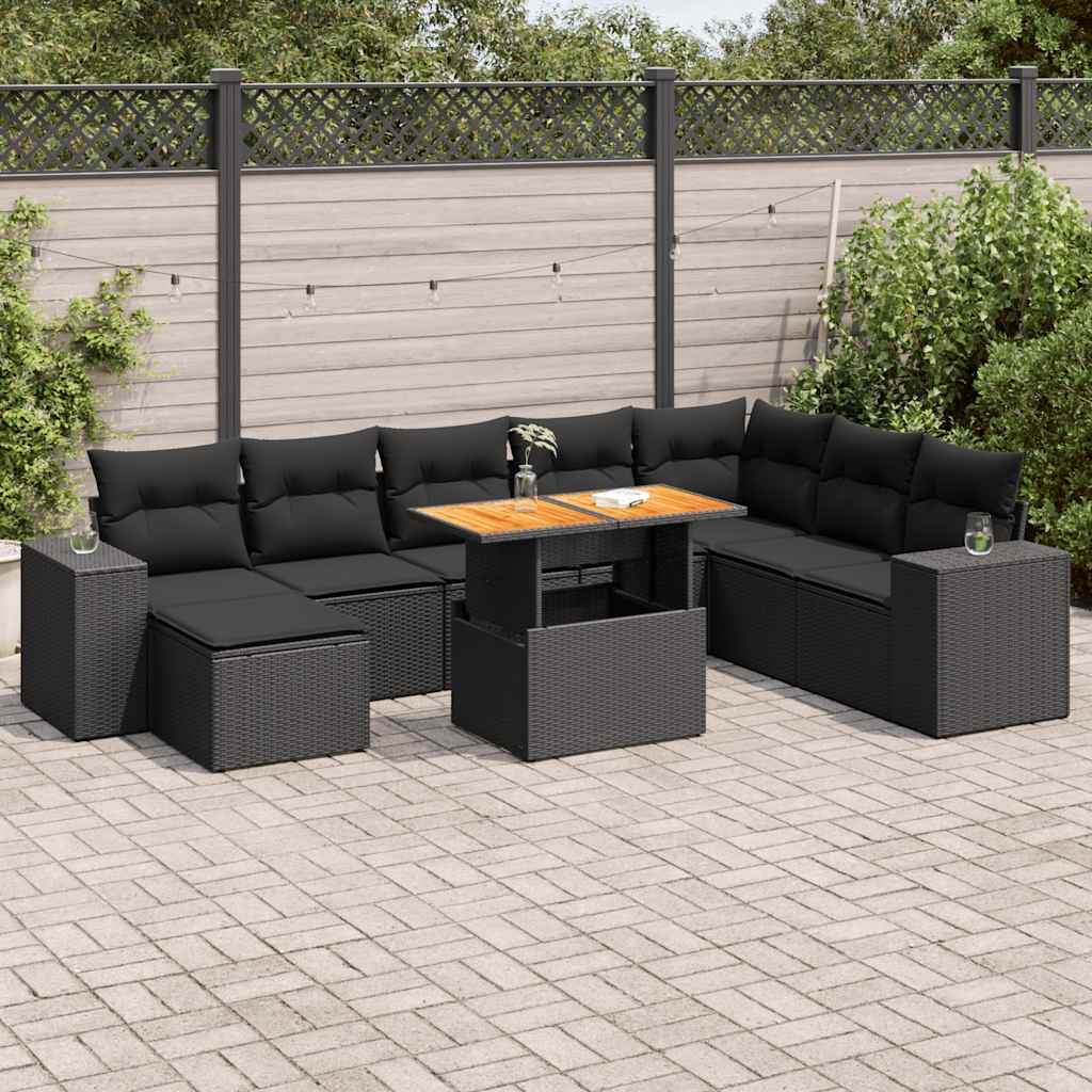 vidaXL 9-tlg. Garten-Sofagarnitur mit Kissen Schwarz Poly Rattan