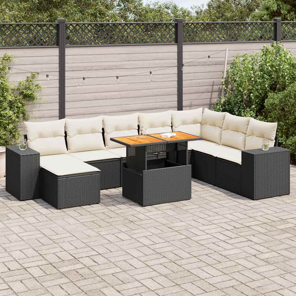 vidaXL 9-tlg. Garten-Sofagarnitur mit Kissen Schwarz Poly Rattan