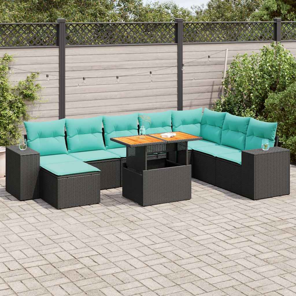 vidaXL Set mobilier de grădină cu perne, 9 piese, negru, poliratan