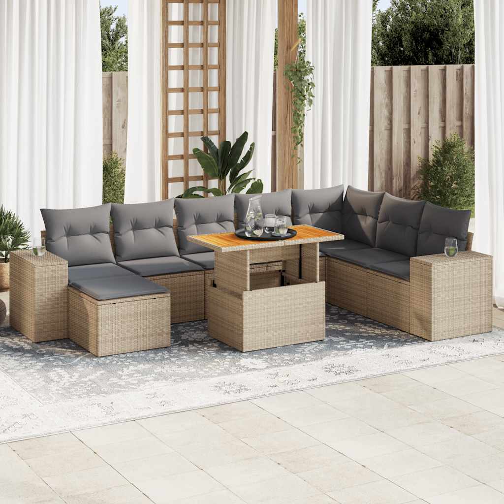 vidaXL 9-tlg. Garten-Sofagarnitur mit Kissen Beige Poly Rattan Akazie