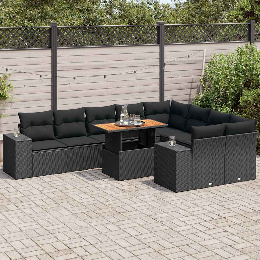 vidaXL 10-tlg. Garten-Sofagarnitur mit Kissen Schwarz Poly Rattan