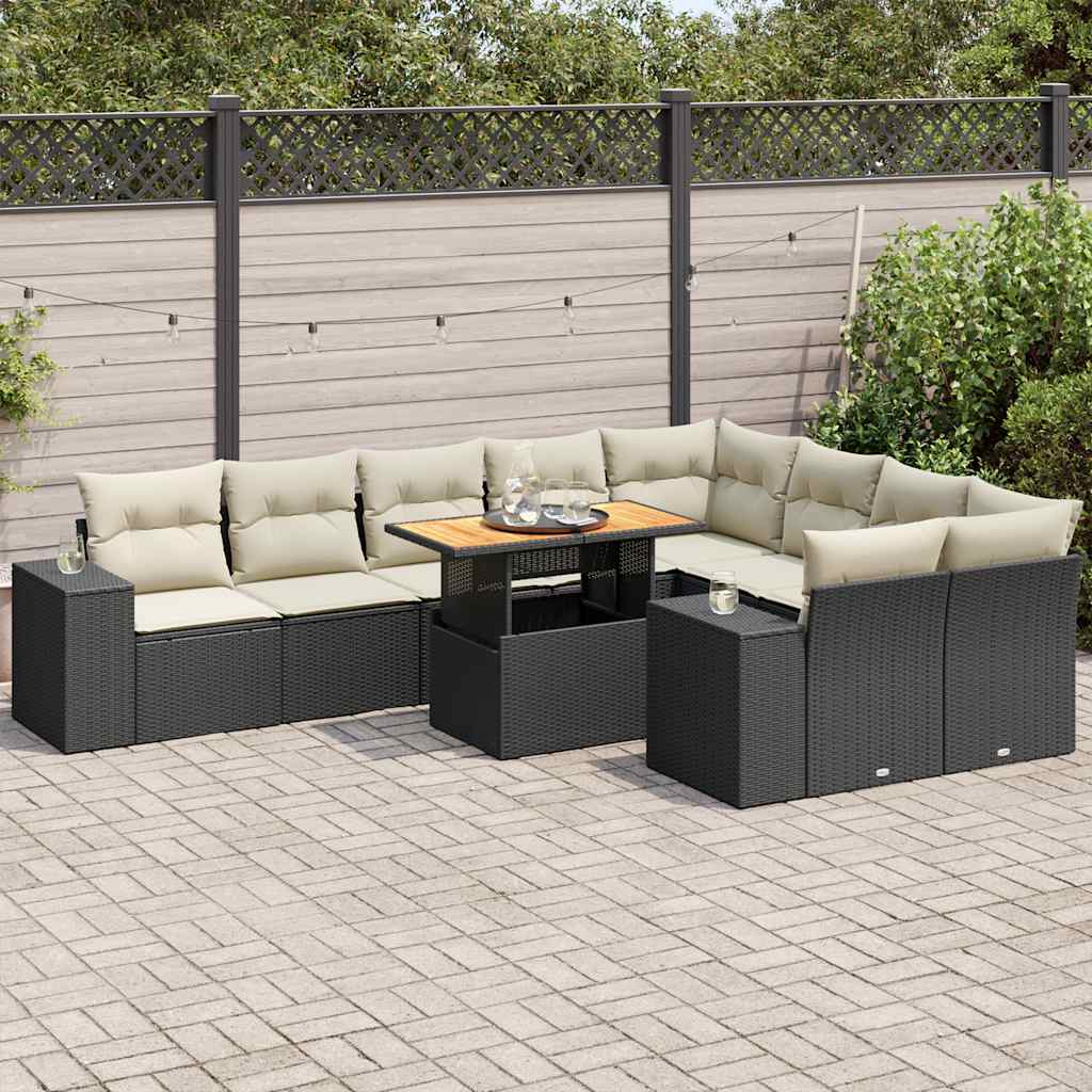 vidaXL 10-tlg. Garten-Sofagarnitur mit Kissen Schwarz Poly Rattan