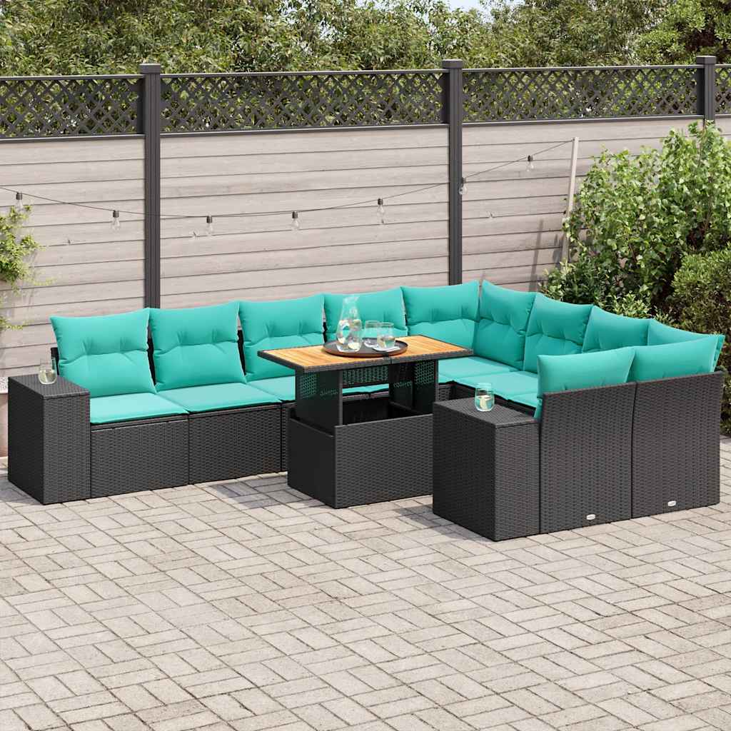 vidaXL 10-tlg. Garten-Sofagarnitur mit Kissen Schwarz Poly Rattan