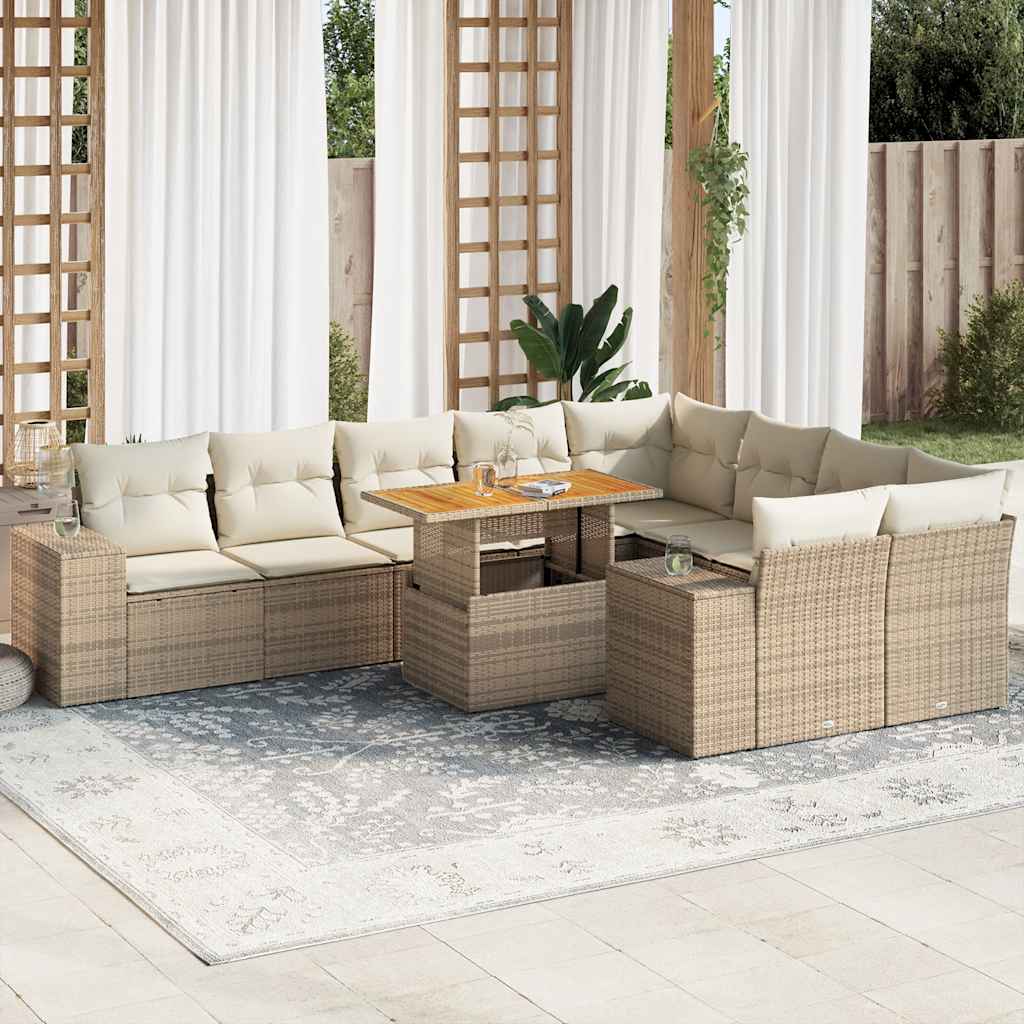 vidaXL 10-tlg. Garten-Sofagarnitur mit Kissen Beige Poly Rattan Akazie