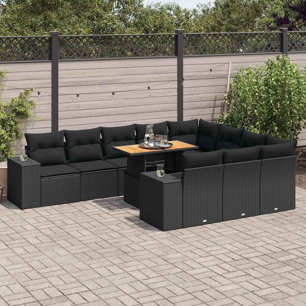 vidaXL 10-tlg. Garten-Sofagarnitur mit Kissen Schwarz Poly Rattan