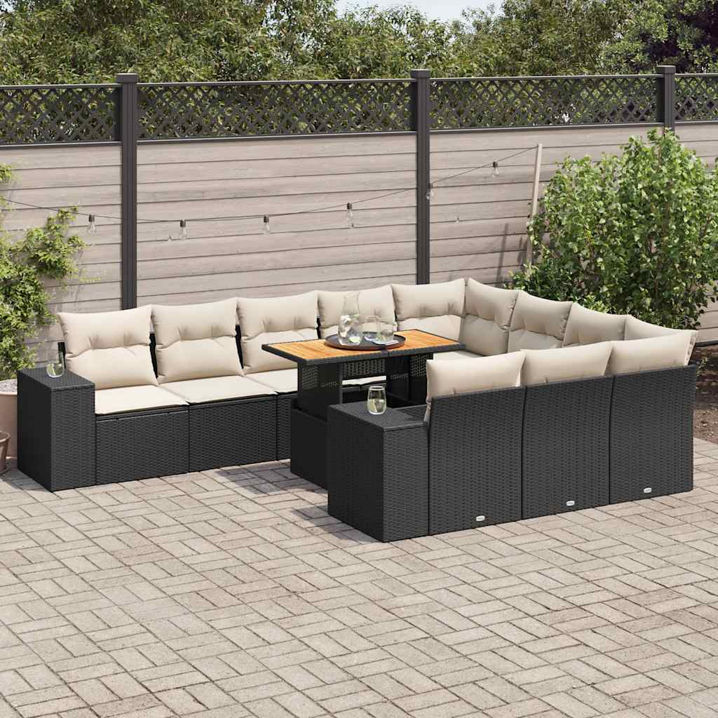 vidaXL 10-tlg. Garten-Sofagarnitur mit Kissen Schwarz Poly Rattan