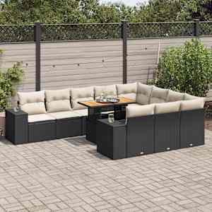 Vrtna sedežna garnitura z blazinami 10-delna črn ratan/akacija