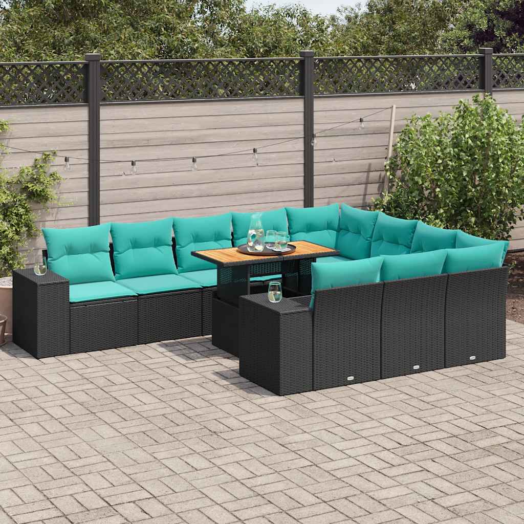vidaXL 11-tlg. Garten-Sofagarnitur mit Kissen Schwarz Poly Rattan