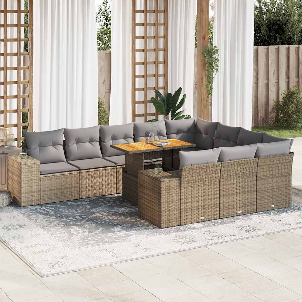 vidaXL 10-tlg. Garten-Sofagarnitur mit Kissen Beige Poly Rattan Akazie