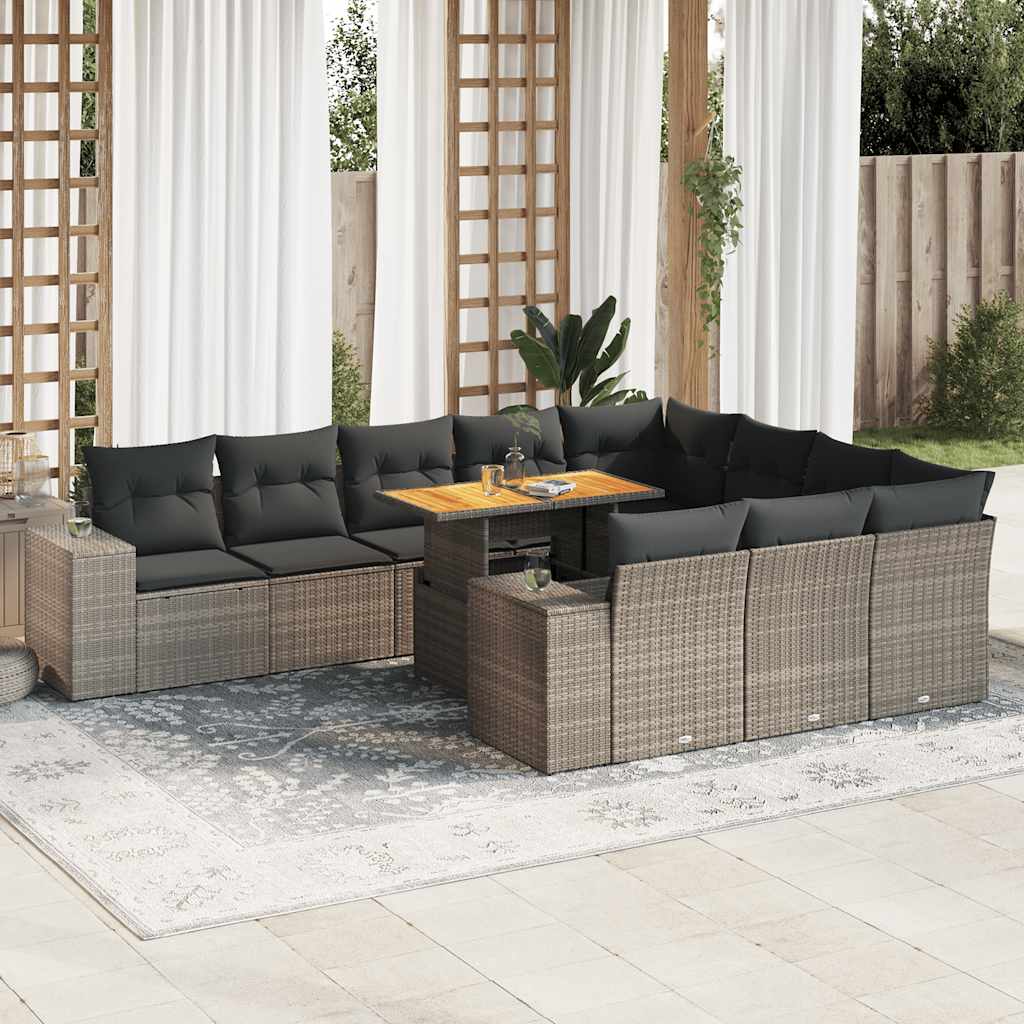 vidaXL 10-tlg. Garten-Sofagarnitur mit Kissen Grau Poly Rattan Akazie