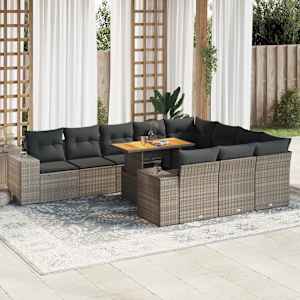 Vrtna sedežna garnitura z blazinami 10-delna siv ratan/akacija