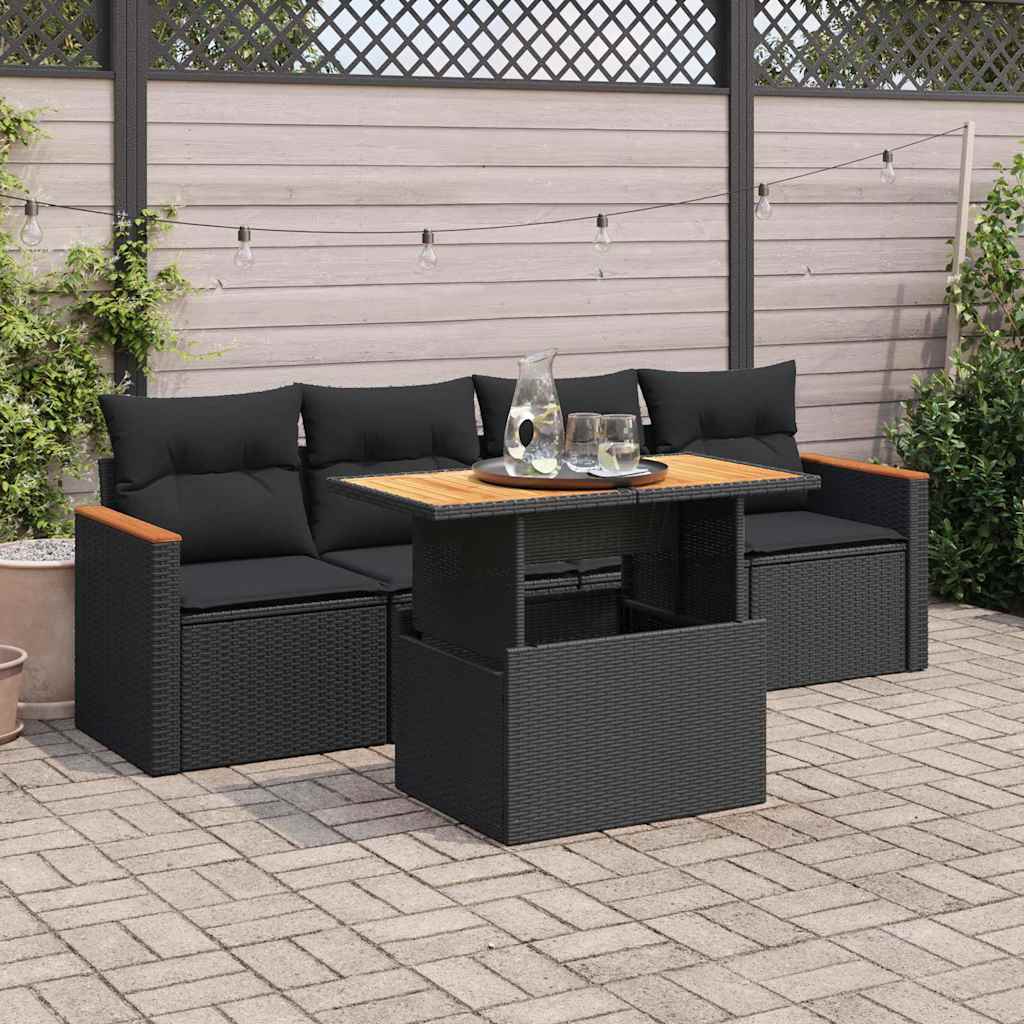 vidaXL 5tlg. Garten-Sofagarnitur mit Kissen Schwarz Poly Rattan Akazie