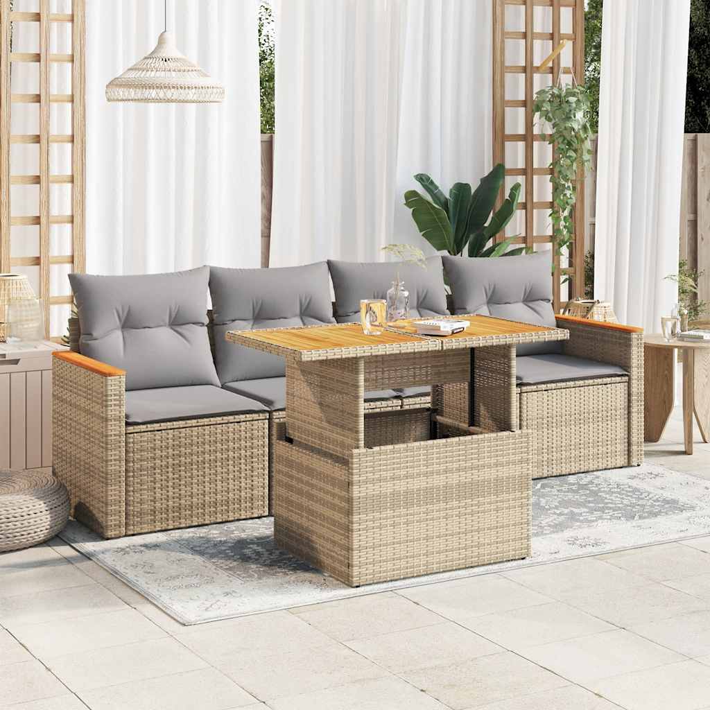 vidaXL 5-tlg. Garten-Sofagarnitur mit Kissen Beige Poly Rattan Akazie